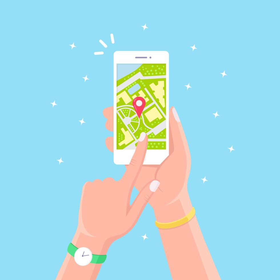 smartphone con GPS navigazione app, tracciamento. mobile Telefono con carta geografica applicazione vettore