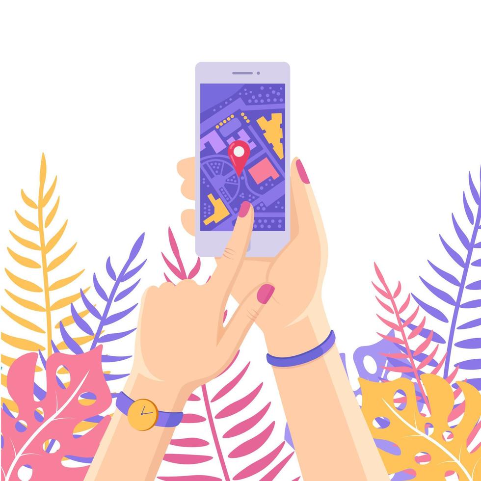 smartphone con GPS navigazione app, tracciamento. mobile Telefono con carta geografica applicazione vettore
