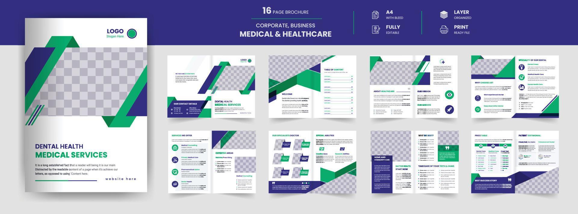 16 pagina medico opuscolo modello, assistenza sanitaria annuale rapporto, ospedale attività commerciale profilo modello disposizione a4 dimensione vettore design