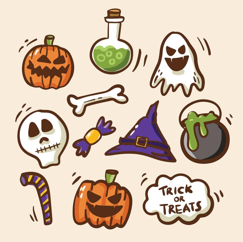 Halloween cartone animato illustrazione etichetta imballare spaventoso piatto design trucco o ossequi evento vettore