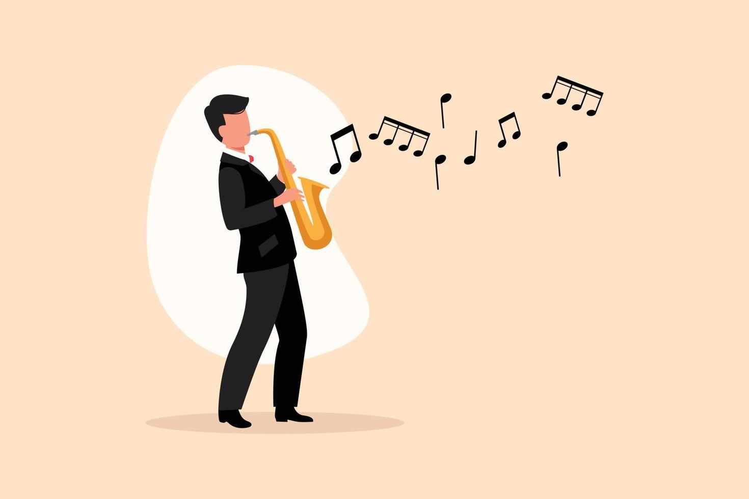 attività commerciale design disegno giovane sassofonista carattere. jazz o blues musicista, uomo giochi sassofono. maschio esecutore nel Festival jazz musica, jazz gruppo musicale spettacoli. piatto cartone animato stile vettore illustrazione