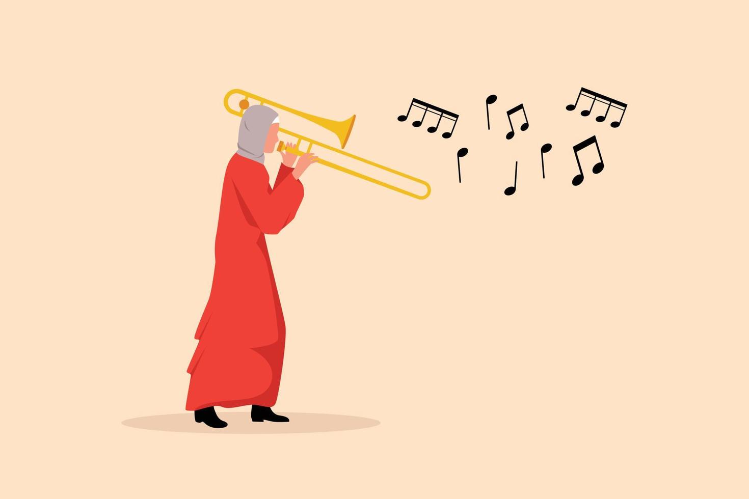 attività commerciale design disegno trombone giocatore. arabo femmina esecutore giocare vento strumento. musica artista ragazza. jazz donna. musicista giocare tromba. classico musica evento. piatto cartone animato stile vettore illustrazione