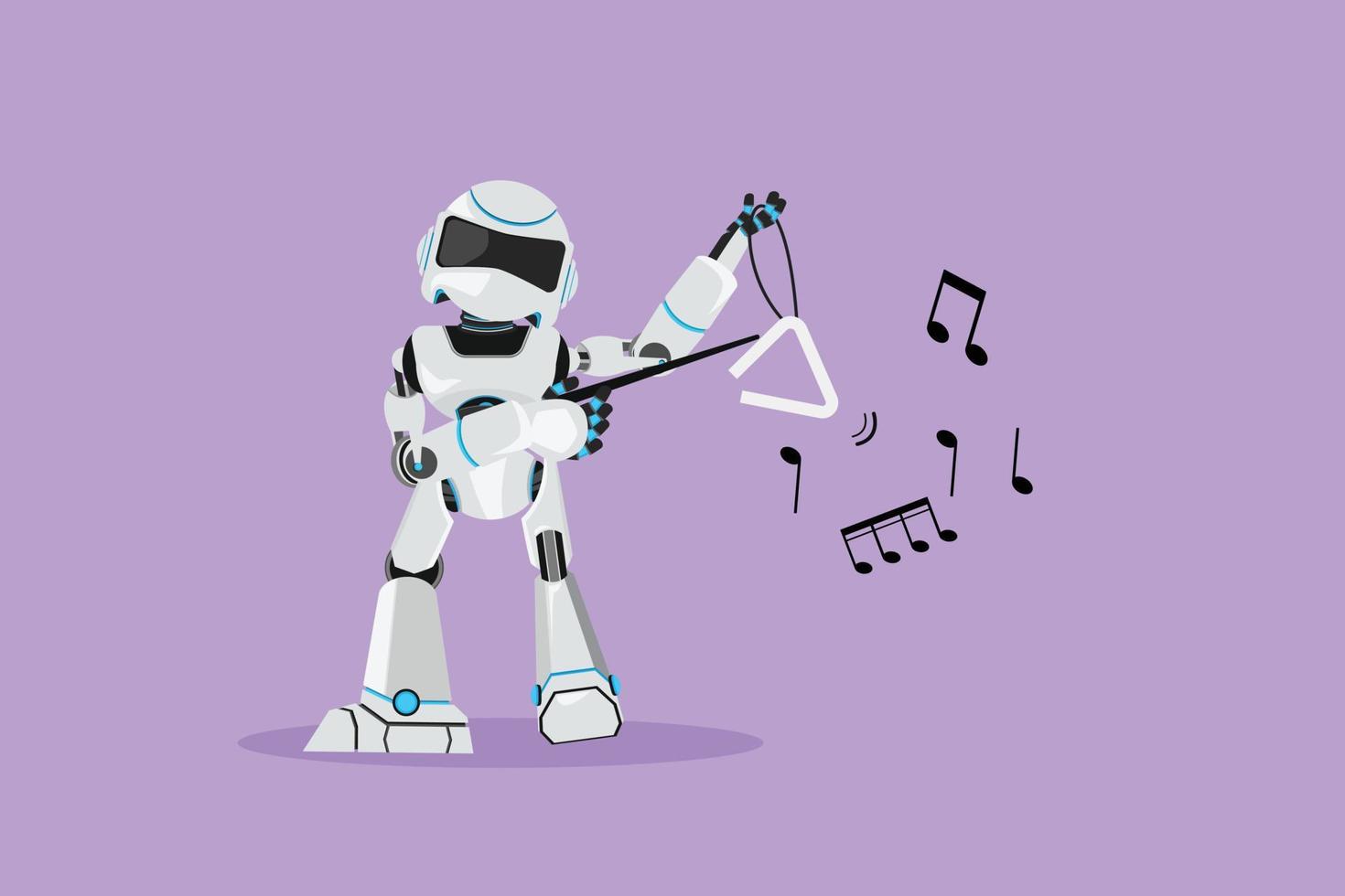 personaggio piatto disegno robot musicista giocando musicale triangolo su palcoscenico. classico musica orchestra strumento. umanoide robot cibernetico. futuro robotica industria. cartone animato design vettore illustrazione
