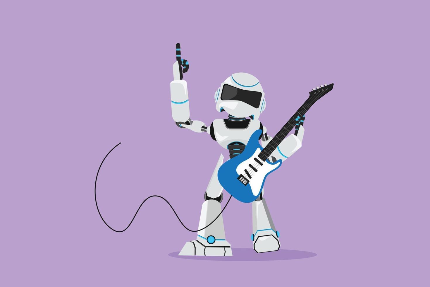 piatto cartone animato stile disegno moderno robot chitarrista eseguire giocando elettrico chitarra su palcoscenico. umanoide robot cibernetico organismo. futuro robot personaggio sviluppo. grafico design vettore illustrazione