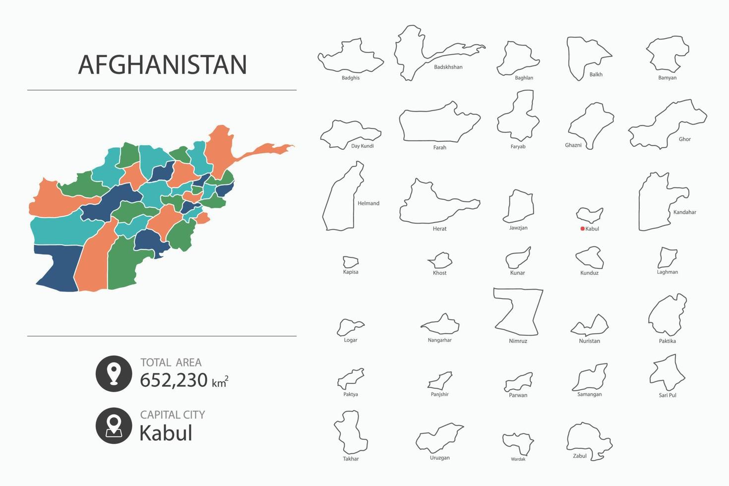 carta geografica di afghanistan con dettagliato nazione carta geografica. carta geografica elementi di città, totale le zone e capitale. vettore