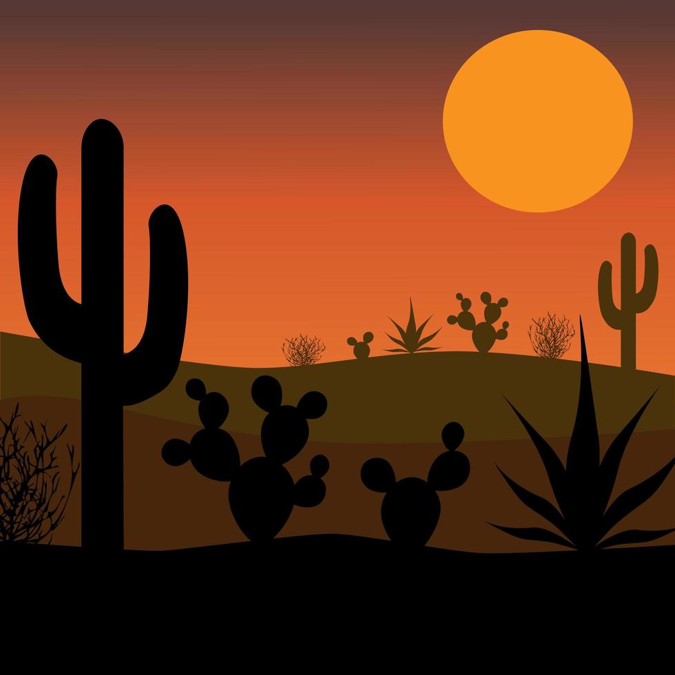 silhouette di cactus nel deserto con il tramonto vettore