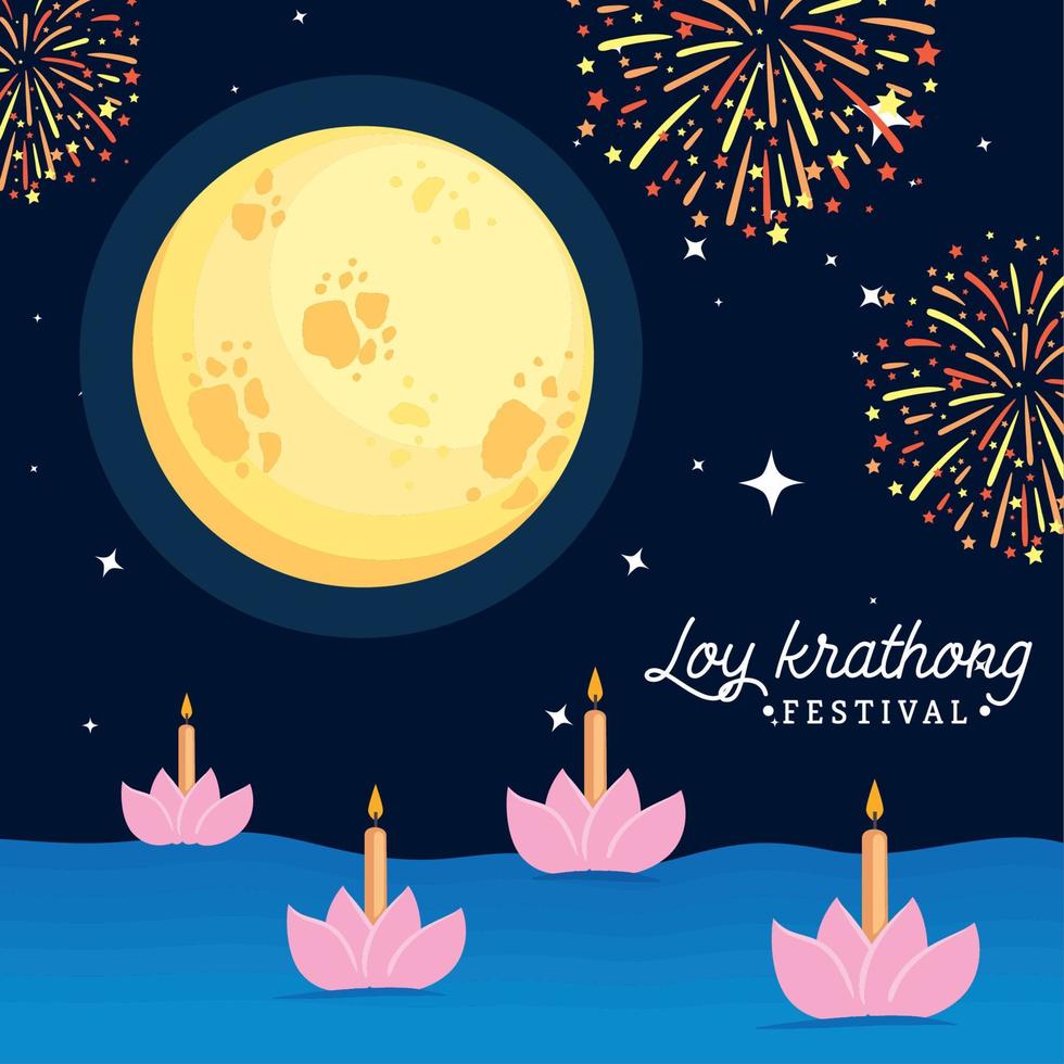 loy Krathong lettering con fuochi d'artificio vettore