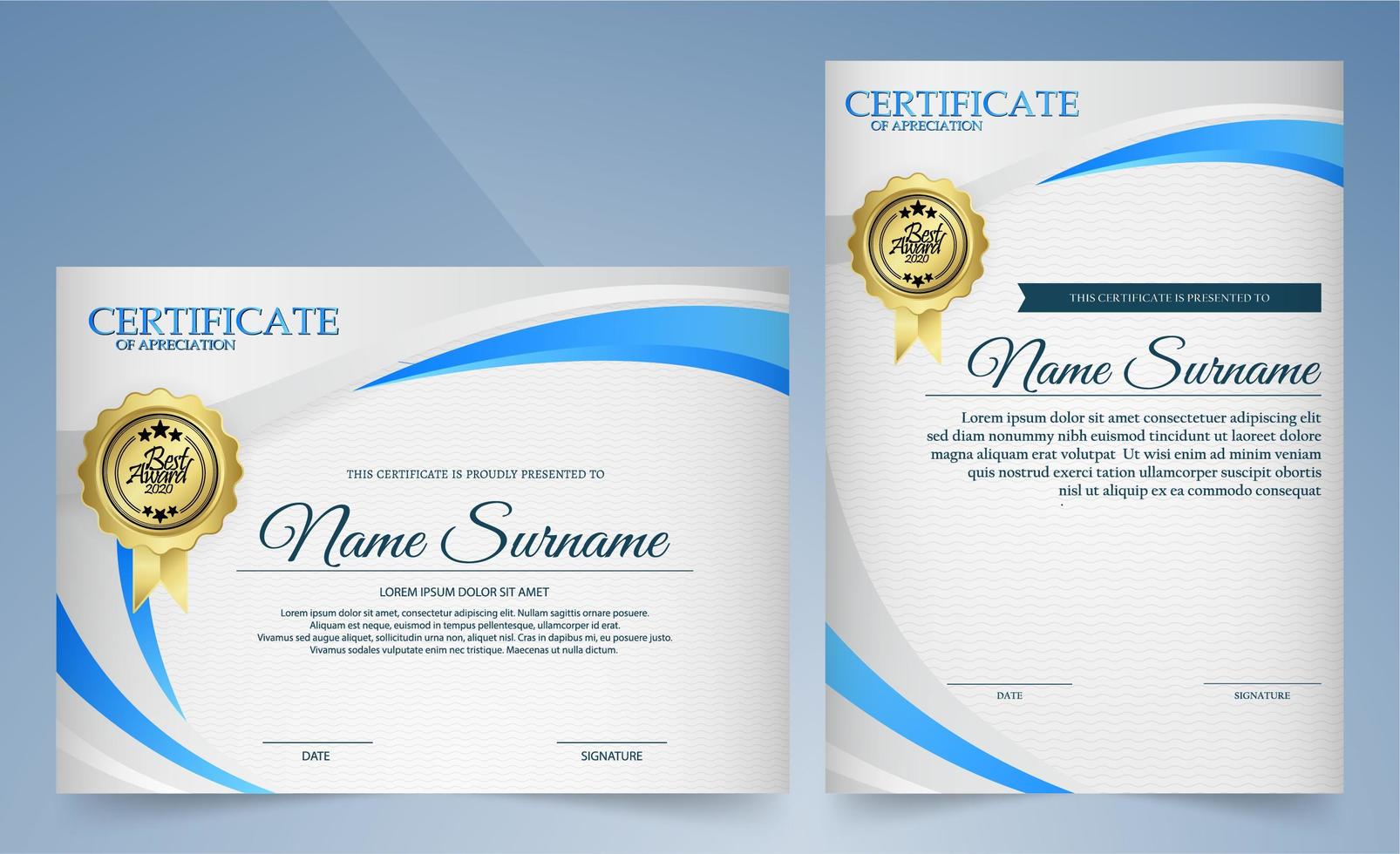 certificato di apprezzamento con linee curve bianche e blu vettore