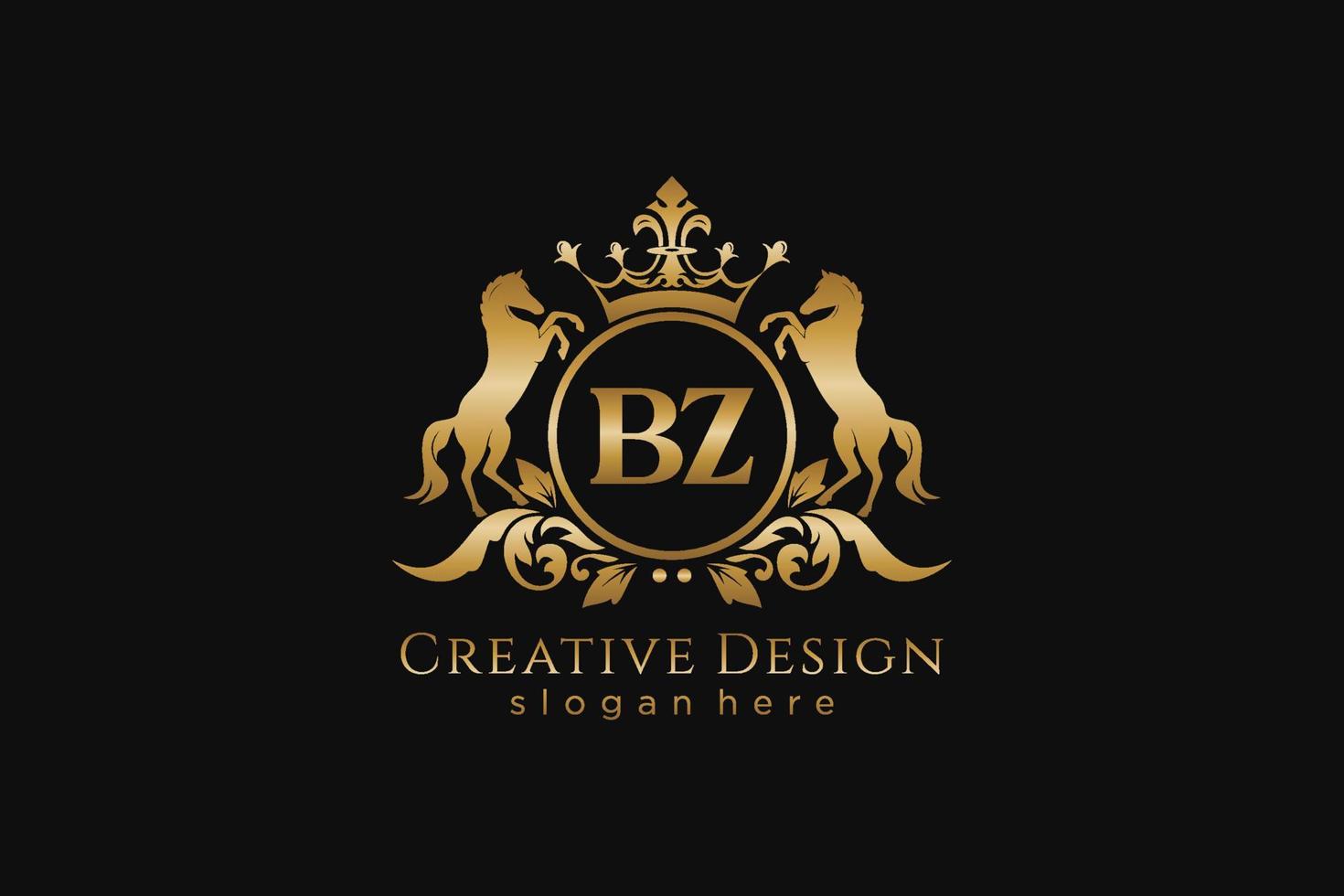 iniziale bz retrò d'oro cresta con cerchio e Due cavalli, distintivo modello con pergamene e reale corona - Perfetto per lussuoso il branding progetti vettore