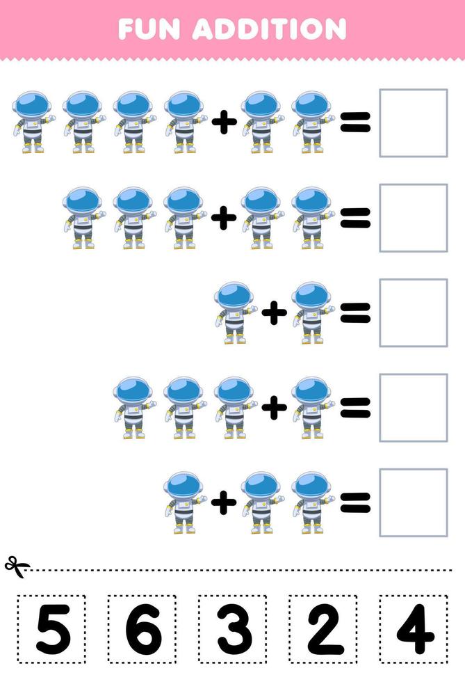 formazione scolastica gioco per bambini divertimento aggiunta di tagliare e incontro corretta numero per carino cartone animato astronauta stampabile solare sistema foglio di lavoro vettore