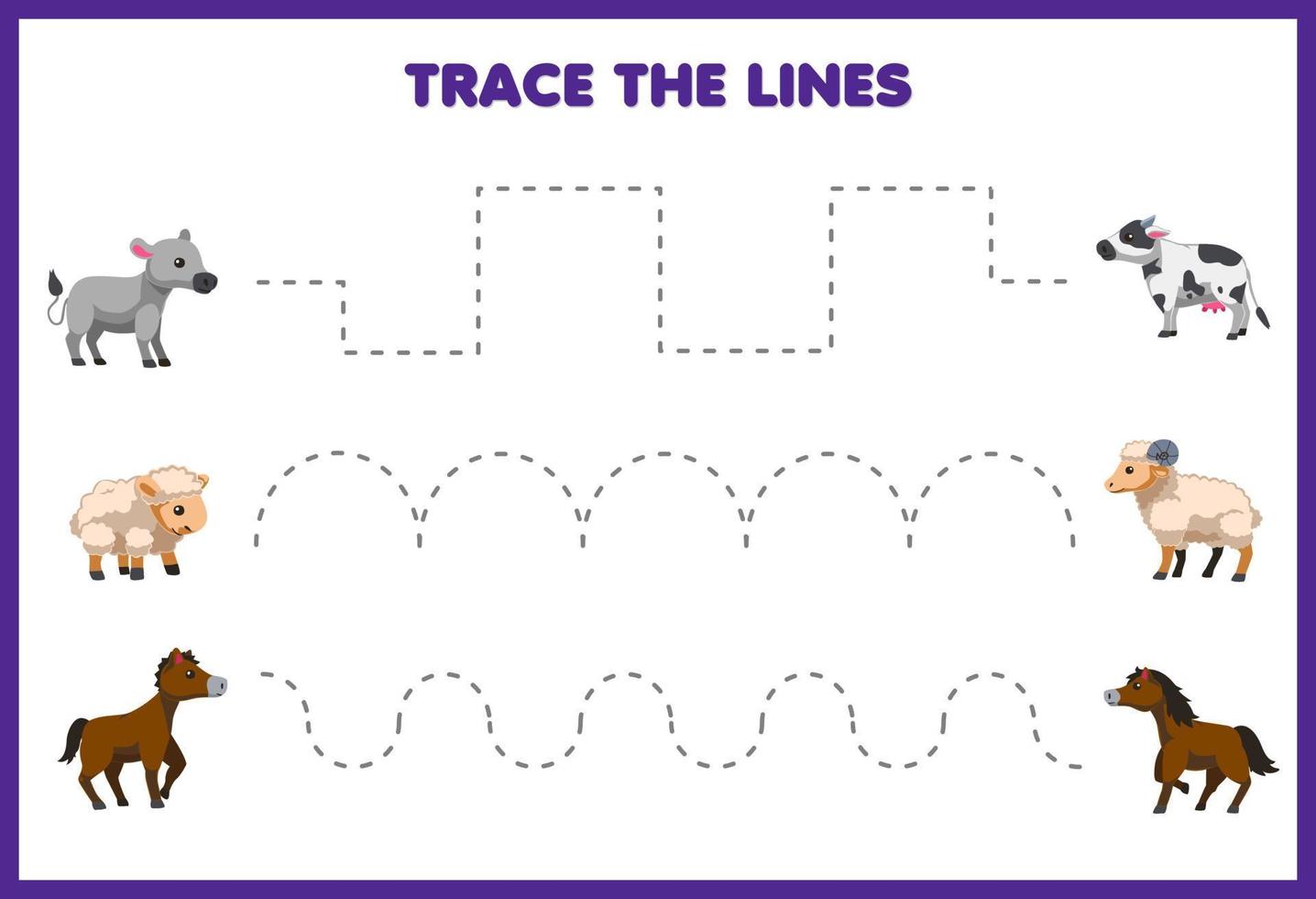 formazione scolastica gioco per bambini grafia pratica tracciare il Linee con carino cartone animato mucca pecora cavallo immagine stampabile azienda agricola foglio di lavoro vettore