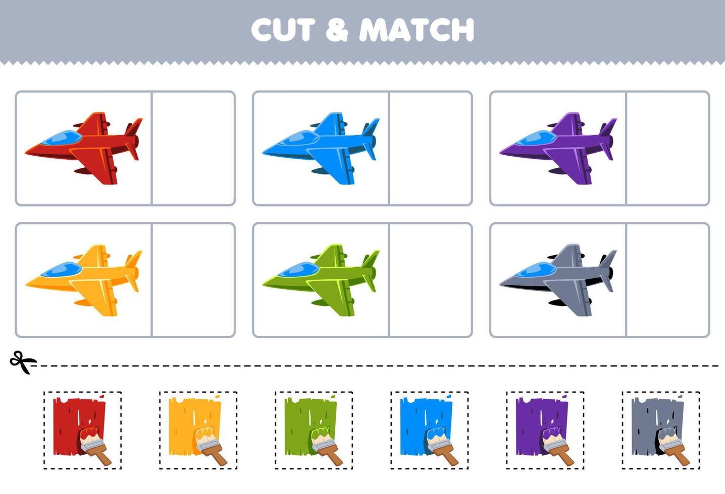 formazione scolastica gioco per bambini tagliare e incontro il stesso colore di carino cartone animato Jet combattente stampabile mezzi di trasporto foglio di lavoro vettore