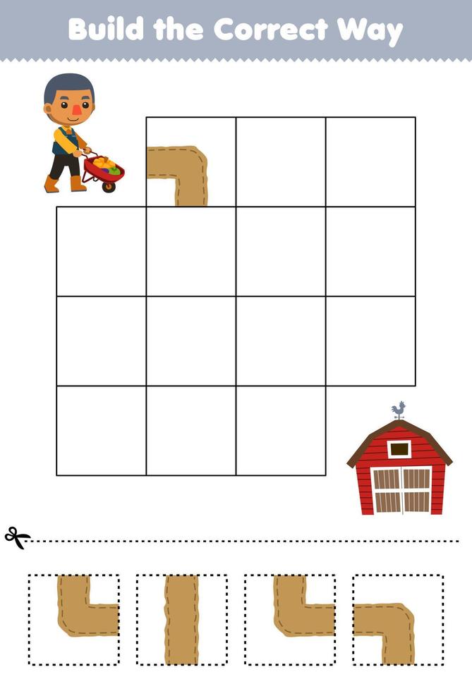 formazione scolastica gioco per bambini costruire il corretta modo Aiuto carino cartone animato contadino ragazzo spingendo carriola mossa per fienile stampabile azienda agricola foglio di lavoro vettore