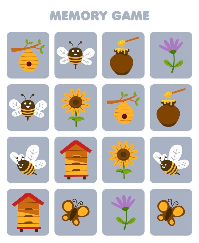 formazione scolastica gioco per bambini memoria per trova simile immagini di carino cartone animato ape alveare miele fiore girasole farfalla stampabile azienda agricola foglio di lavoro vettore