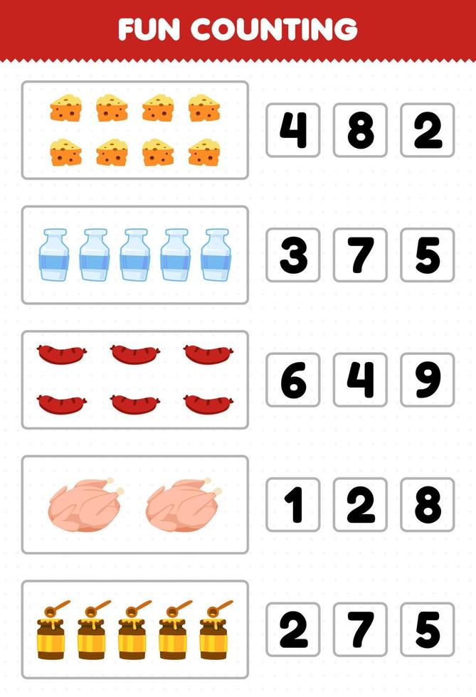 formazione scolastica gioco per bambini divertimento conteggio e la scelta il corretta numero di carino cartone animato formaggio latte salsiccia carne miele stampabile azienda agricola foglio di lavoro vettore