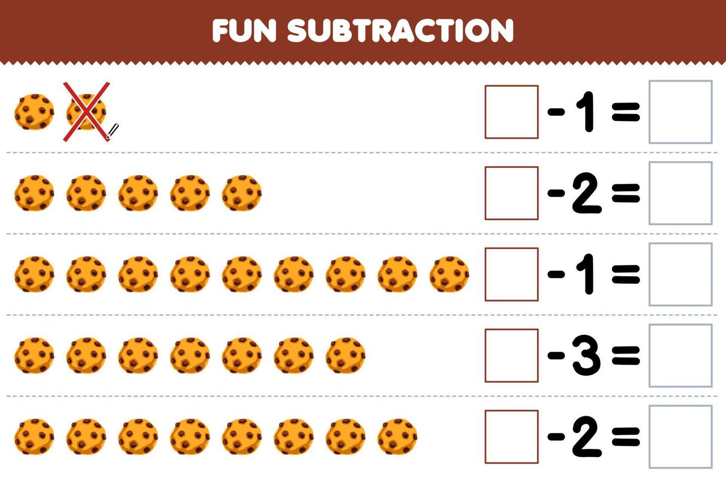 formazione scolastica gioco per bambini divertimento sottrazione di conteggio cartone animato biscotto nel ogni riga e eliminando esso stampabile cibo foglio di lavoro vettore