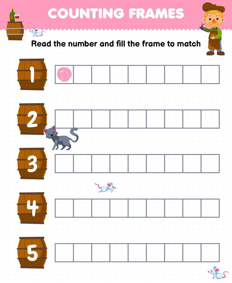 educativo gioco per bambini leggere il numero e riempire il montatura di carino cartone animato di legno barile stampabile azienda agricola foglio di lavoro vettore
