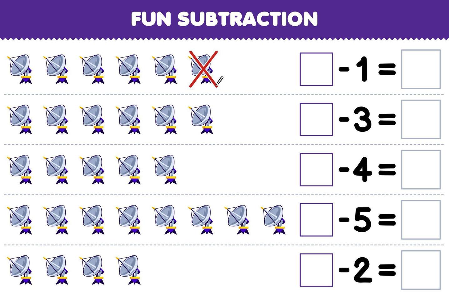 formazione scolastica gioco per bambini divertimento sottrazione di conteggio carino cartone animato radar nel ogni riga e eliminando esso stampabile solare sistema foglio di lavoro vettore