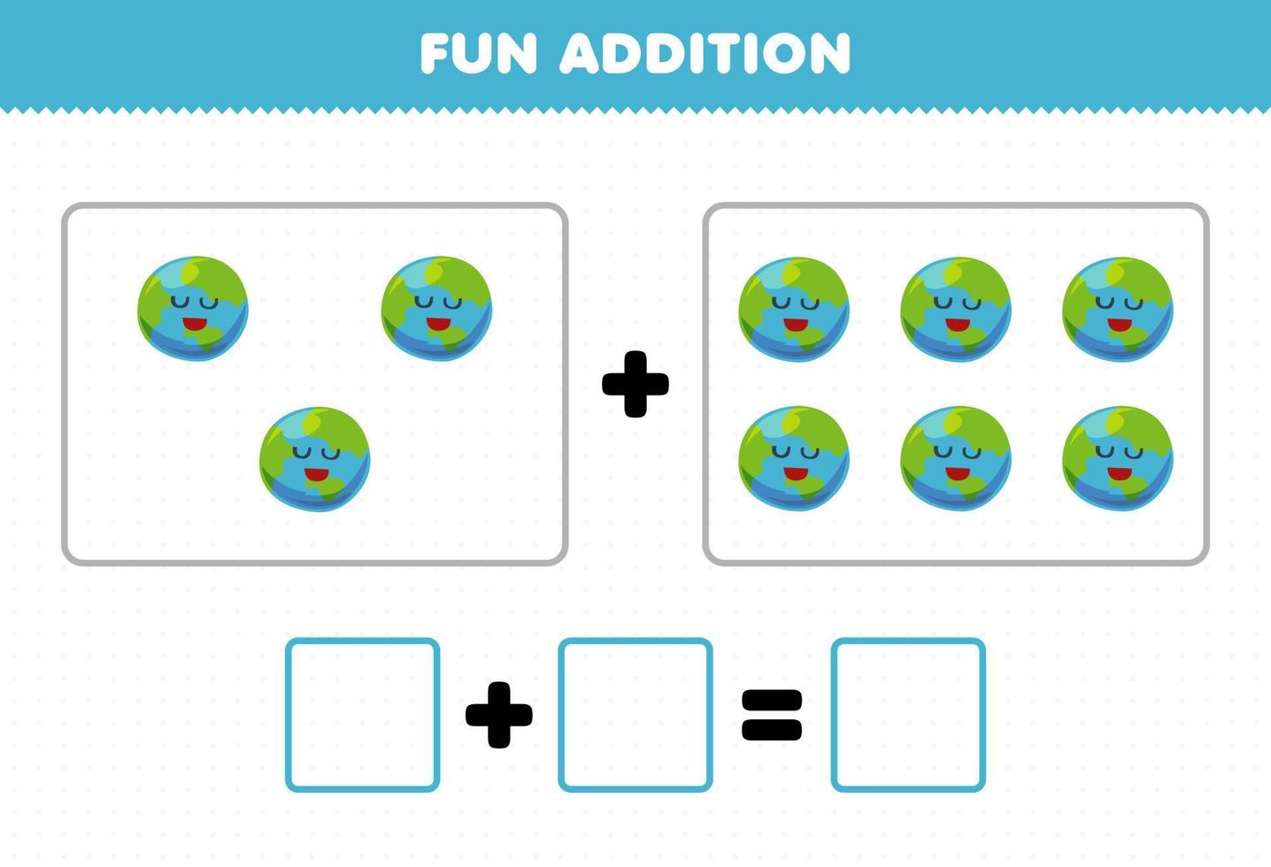 formazione scolastica gioco per bambini divertimento aggiunta di conteggio carino cartone animato terra pianeta immagini stampabile solare sistema foglio di lavoro vettore