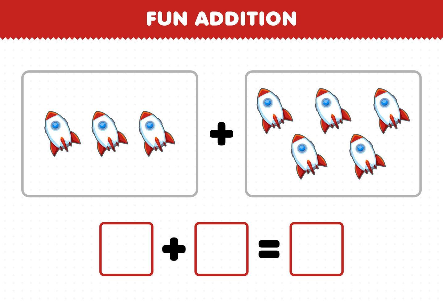 formazione scolastica gioco per bambini divertimento aggiunta di conteggio carino cartone animato razzo immagini stampabile solare sistema foglio di lavoro vettore