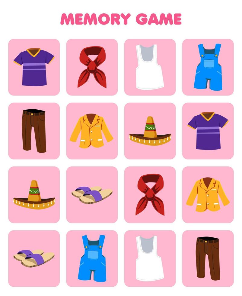 formazione scolastica gioco per bambini memoria per trova simile immagini di cartone animato maglia camicia sciarpa canottiera pantaloni blazer sombrero cappello pantofola stampabile Abiti foglio di lavoro vettore