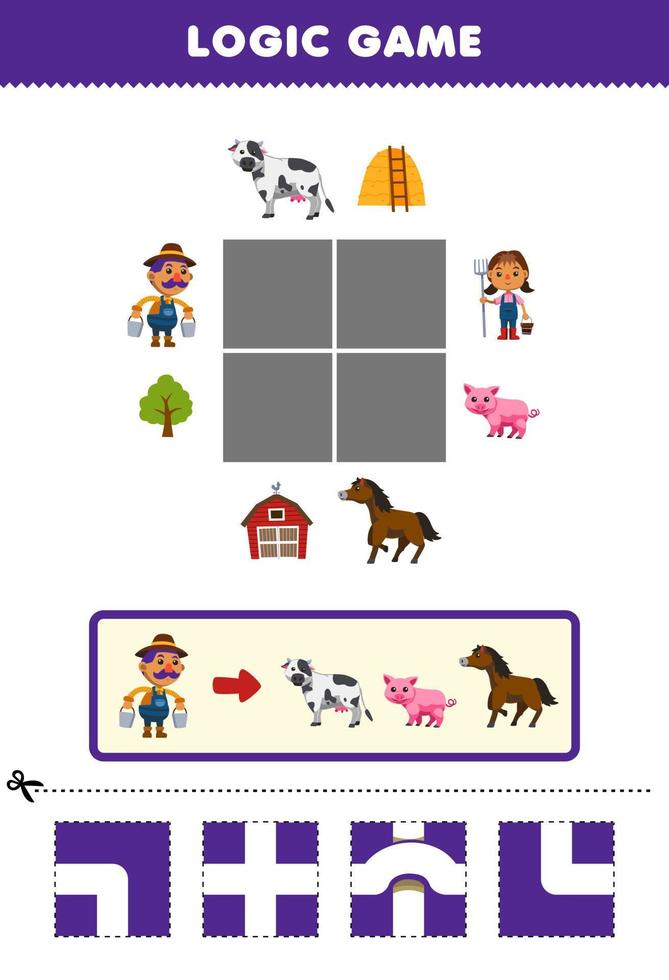 formazione scolastica gioco per bambini logica puzzle costruire il strada per carino cartone animato contadino mossa per mucca maiale e cavallo stampabile azienda agricola foglio di lavoro vettore