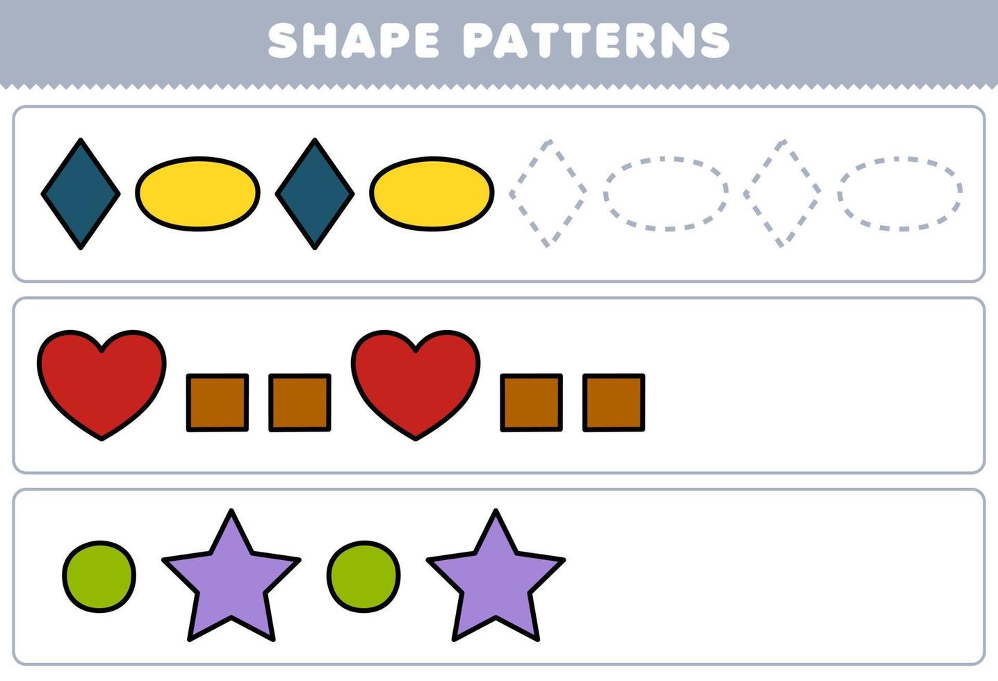 formazione scolastica gioco per bambini completare il modello a partire dal rombo ovale cuore piazza cerchio stella geometrico forme foglio di lavoro vettore