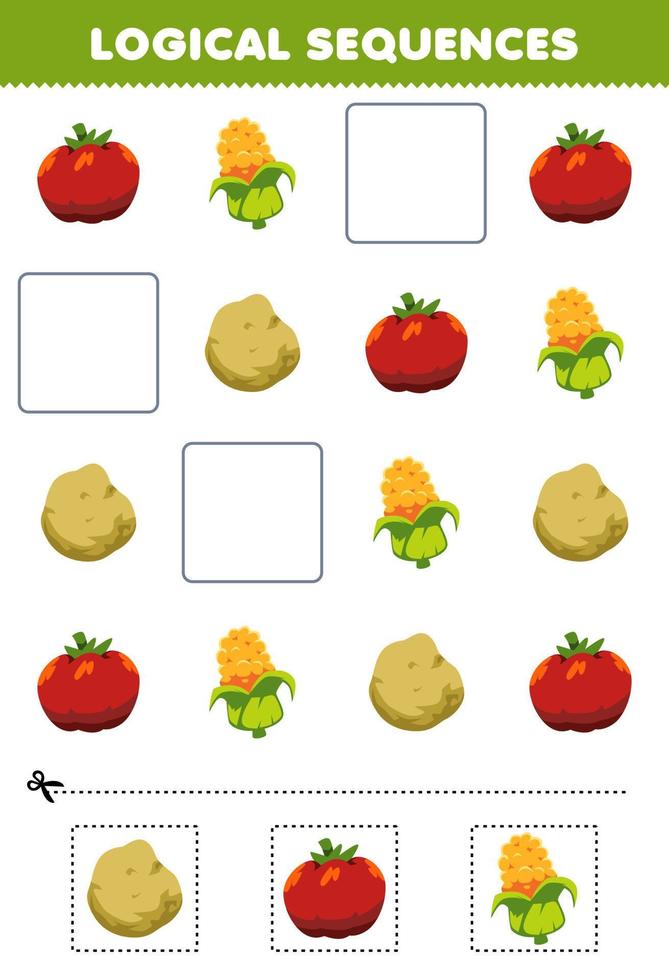 formazione scolastica gioco per bambini logico sequenze per bambini con carino cartone animato pomodoro Mais Patata stampabile verdura foglio di lavoro vettore