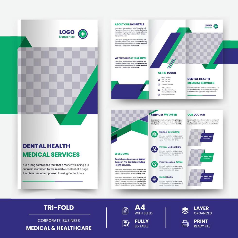 medico, Salute cura trifold opuscolo modello moderno clinica, annuale rapporto e copertina pagina design vettore