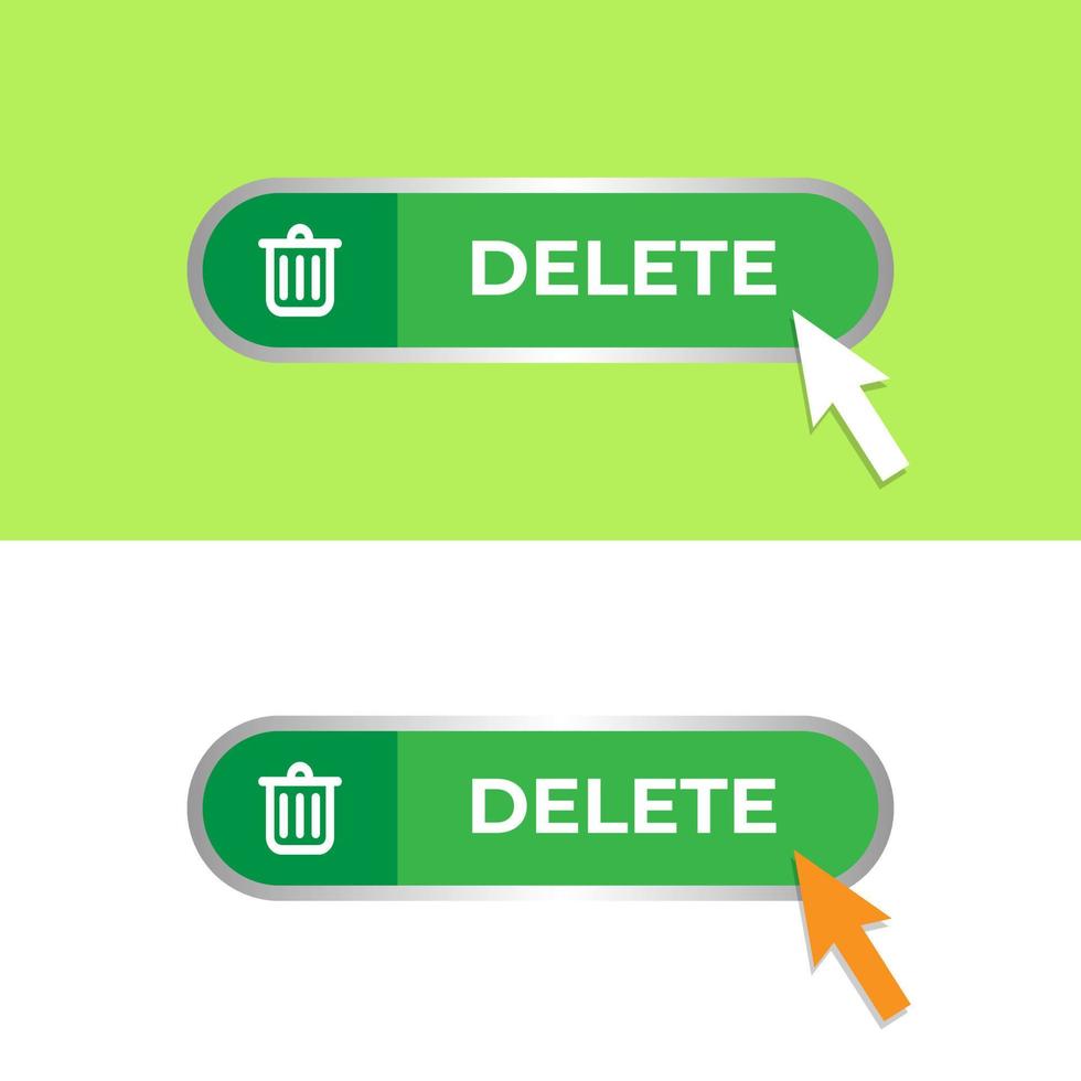 Elimina pulsante con spazzatura può simbolo. impostato di moderno ragnatela pulsante su verde e bianca sfondo. vettore