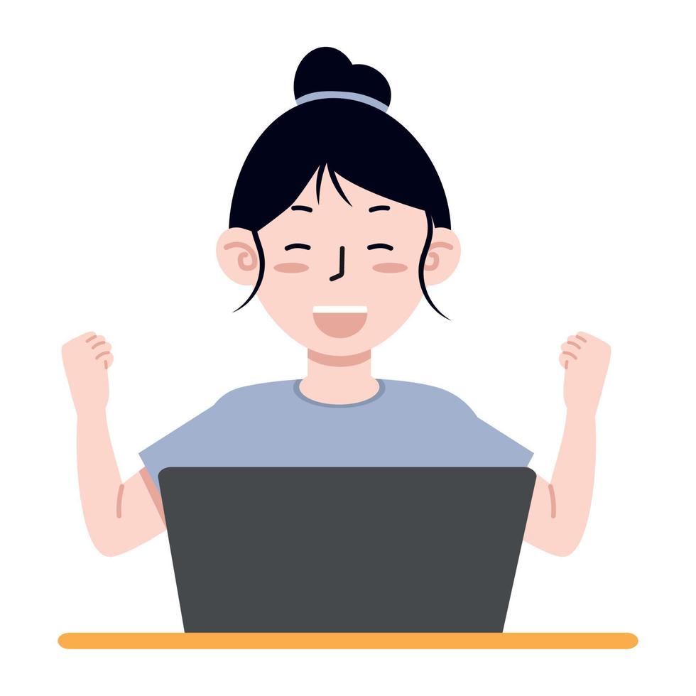 eccitato contento giovane donna lavoratore con utilizzando computer vettore