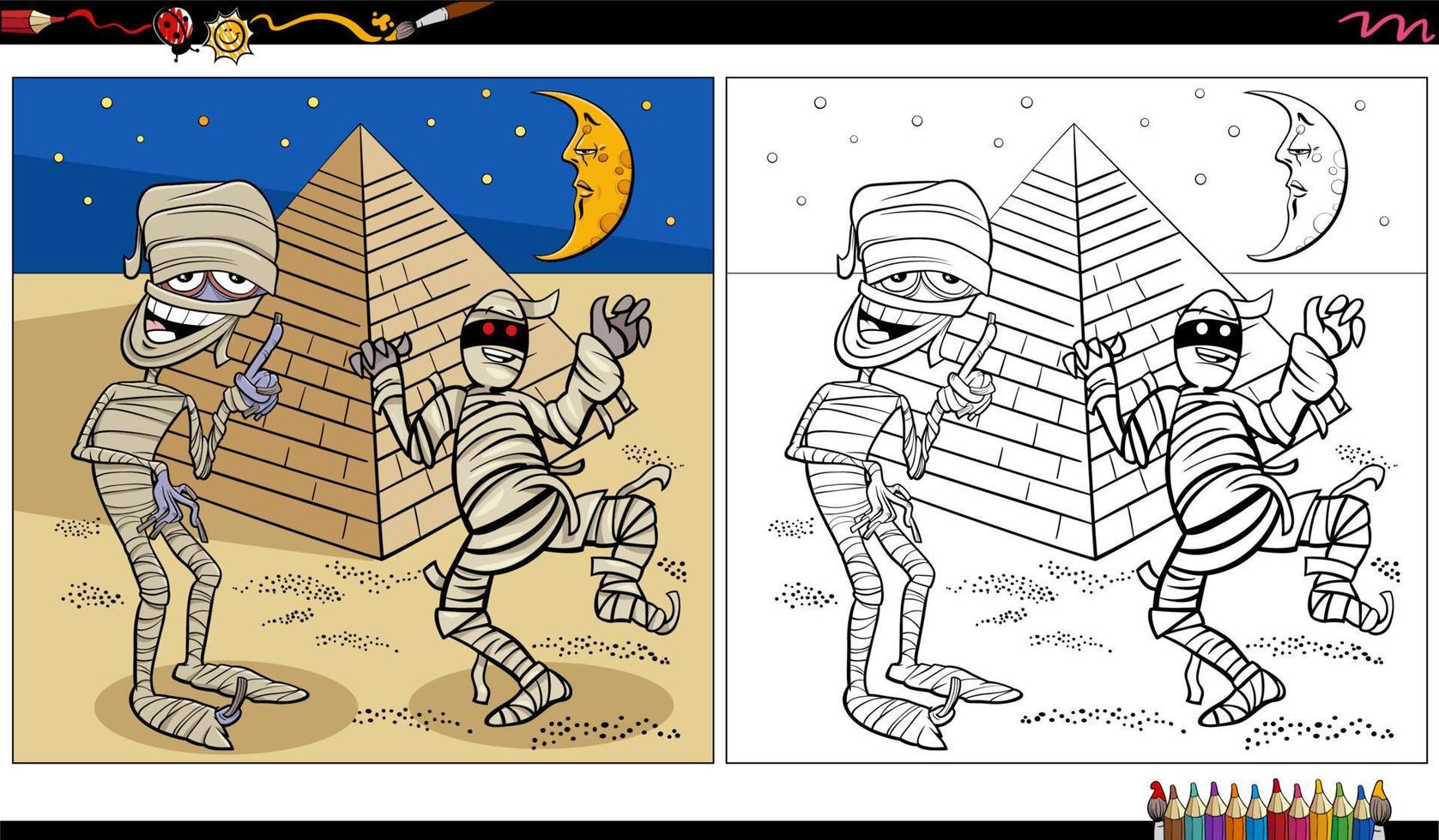 cartone animato mummie spaventoso Halloween personaggi colorazione pagina vettore