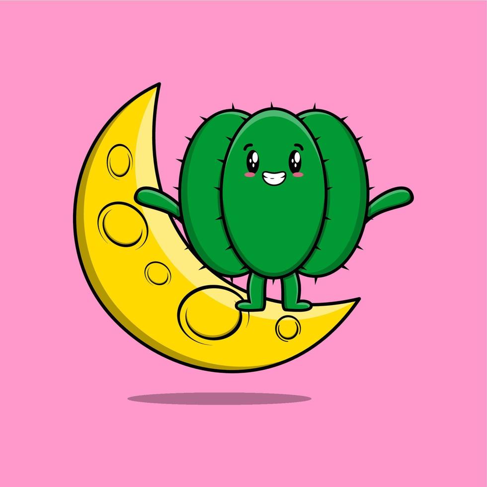 carino cartone animato cactus in piedi su il mezzaluna Luna vettore