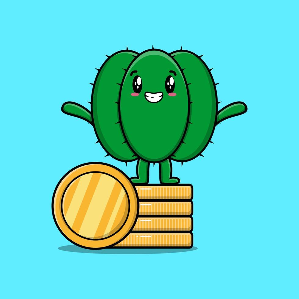 cartone animato cactus in piedi nel impilati oro moneta vettore