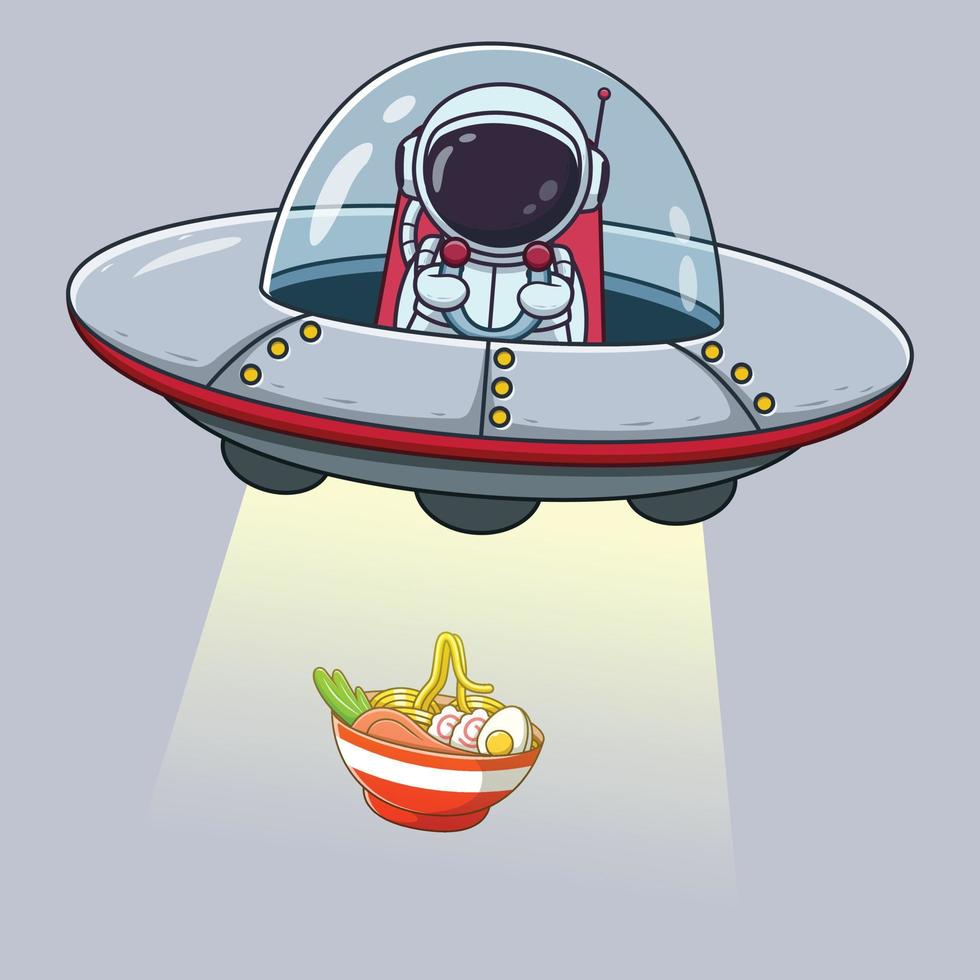carino astronauta attraente ramen spaghetto con ufo cartone animato. astronauta icona concetto. piatto cartone animato stile. adatto per ragnatela atterraggio pagina, striscione, volantino, etichetta, carta vettore