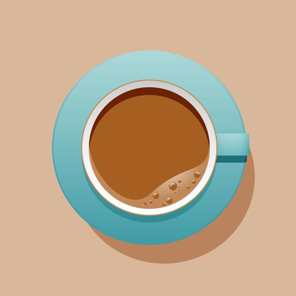 tazza di caffè su un' tavolo. blu, turchese caldo bevanda nel un' tazza. superiore Visualizza. soleggiato giorno. realistico, vettore illustrazione.