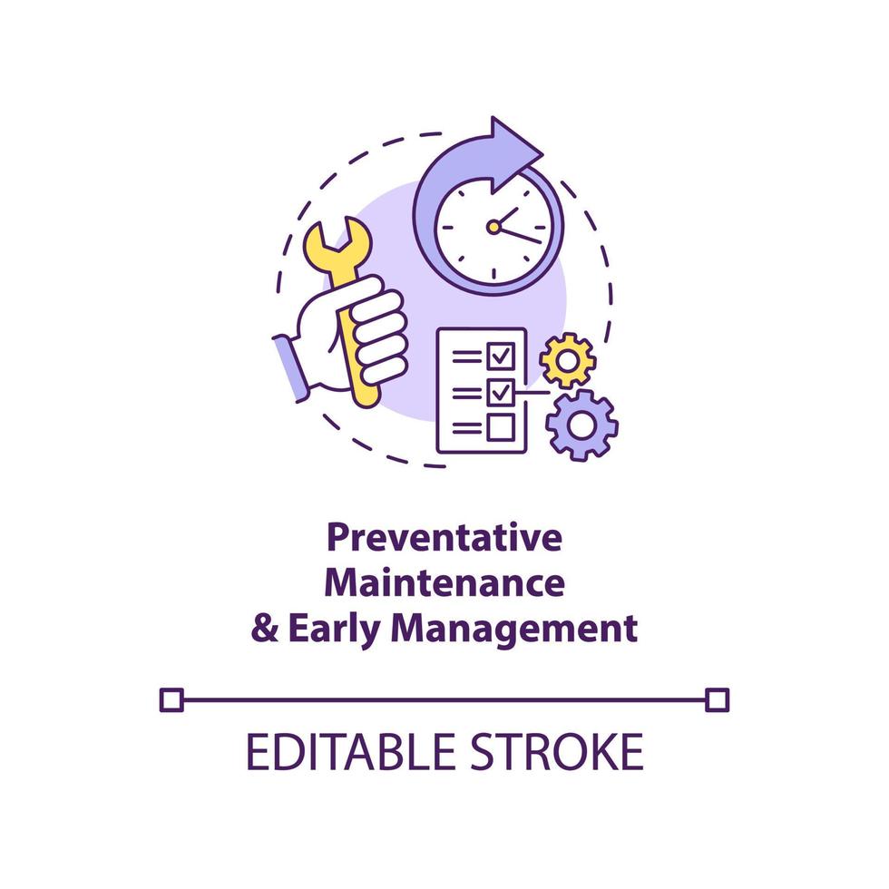 preventiva Manutenzione, presto gestione concetto icona. totale produttivo Manutenzione astratto idea magro linea illustrazione. isolato schema disegno. modificabile ictus. vettore