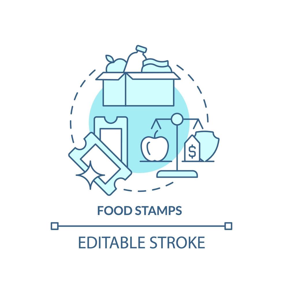 cibo francobolli turchese concetto icona. Basso reddito persone sostegno. governo beneficiare astratto idea magro linea illustrazione. isolato schema disegno. modificabile ictus. vettore