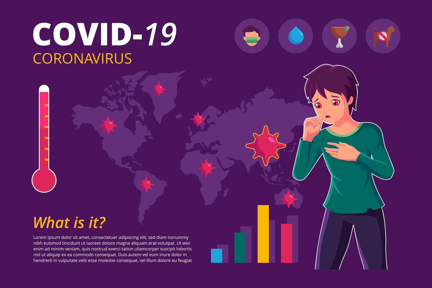 poster infografica covid-19 coronavirus con ragazzo che tossisce vettore