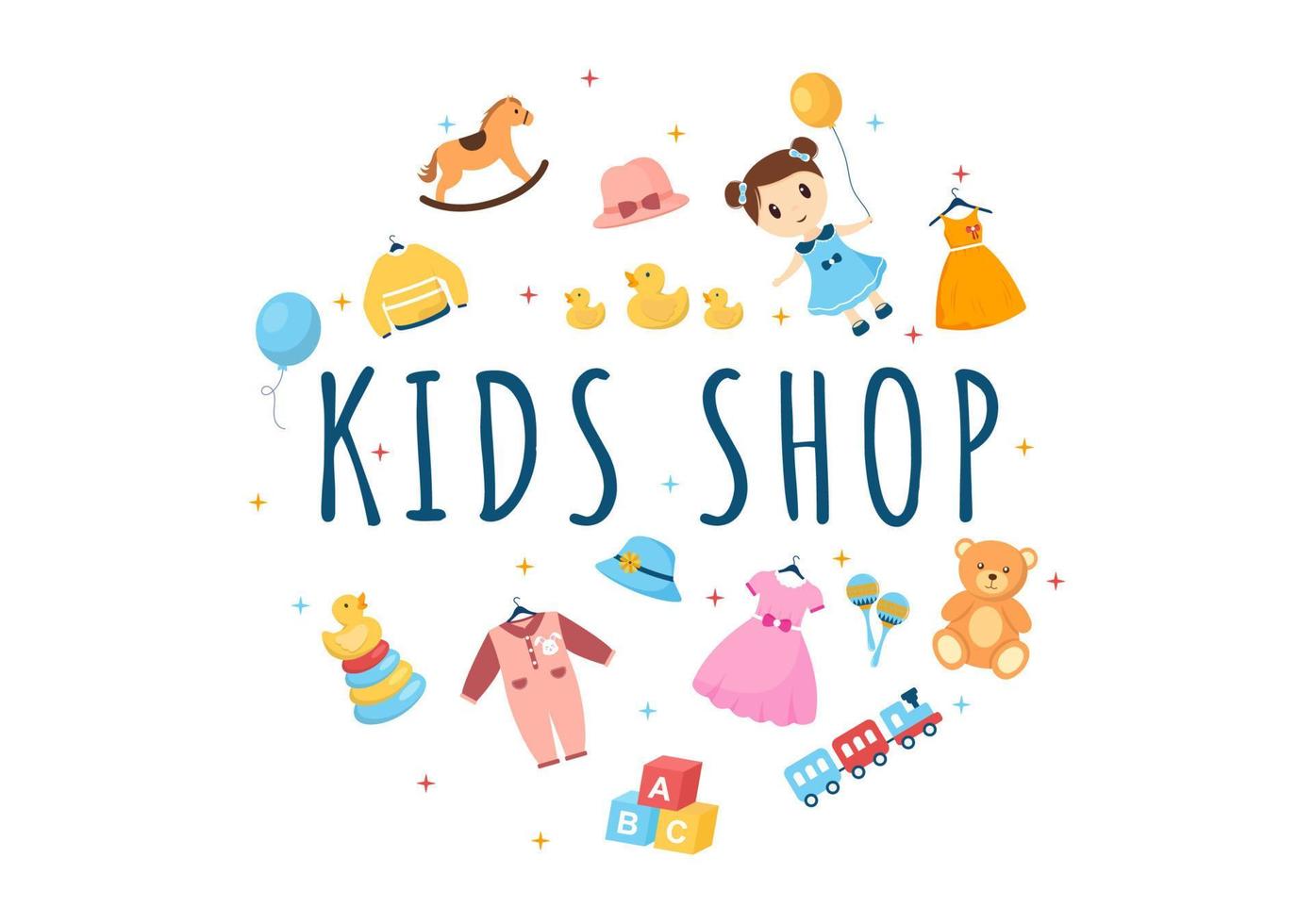 bambini negozio edificio modello mano disegnato cartone animato piatto stile illustrazione con bambini attrezzatura come come Abiti o giocattoli per shopping concetto vettore