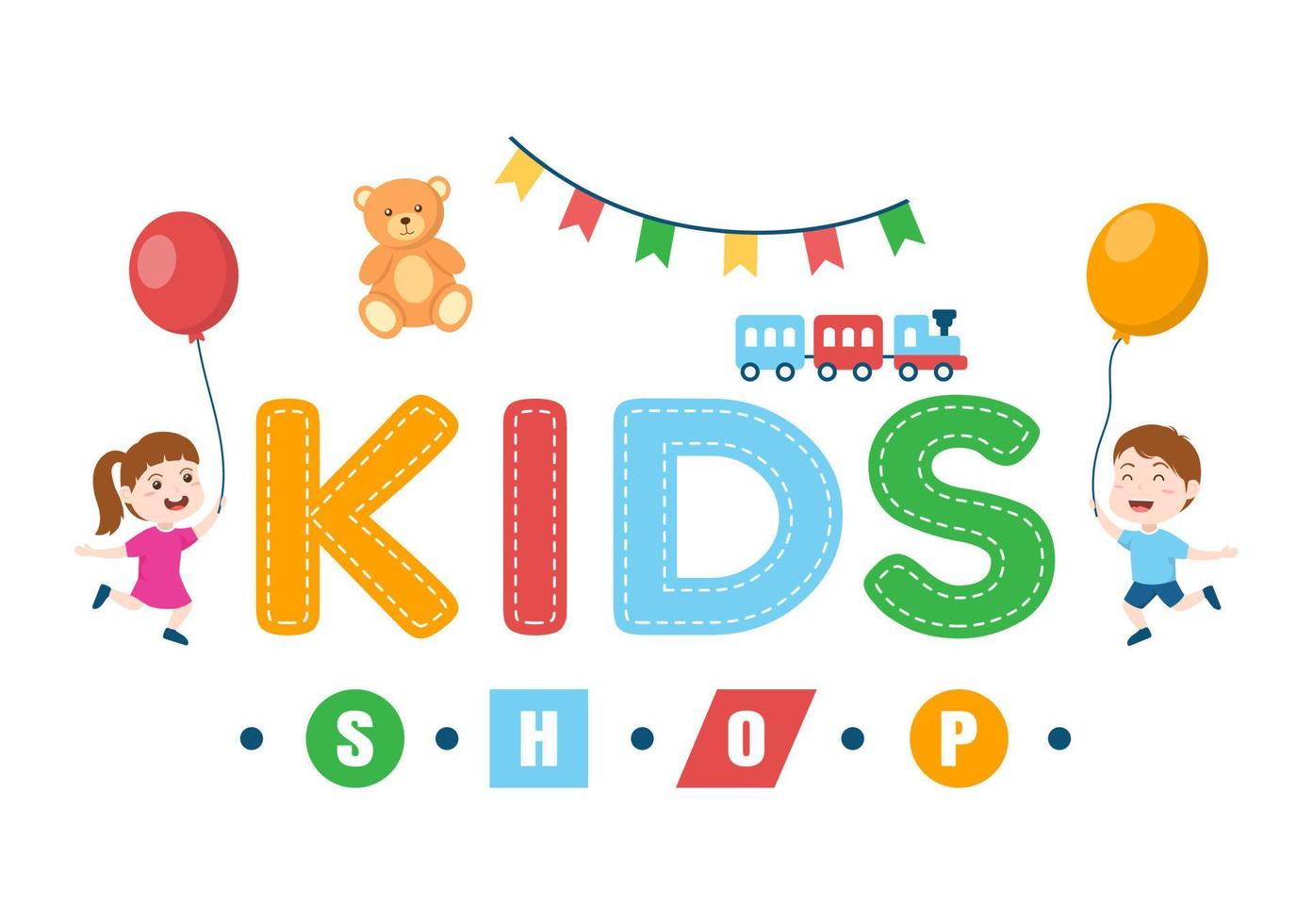 bambini negozio edificio modello mano disegnato cartone animato piatto stile illustrazione con bambini attrezzatura come come Abiti o giocattoli per shopping concetto vettore