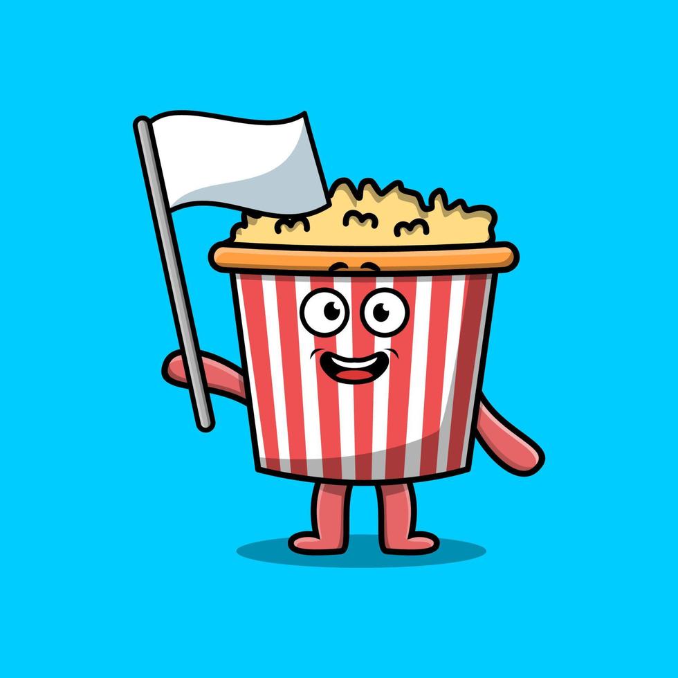 carino cartone animato Popcorn personaggio con bianca bandiera vettore