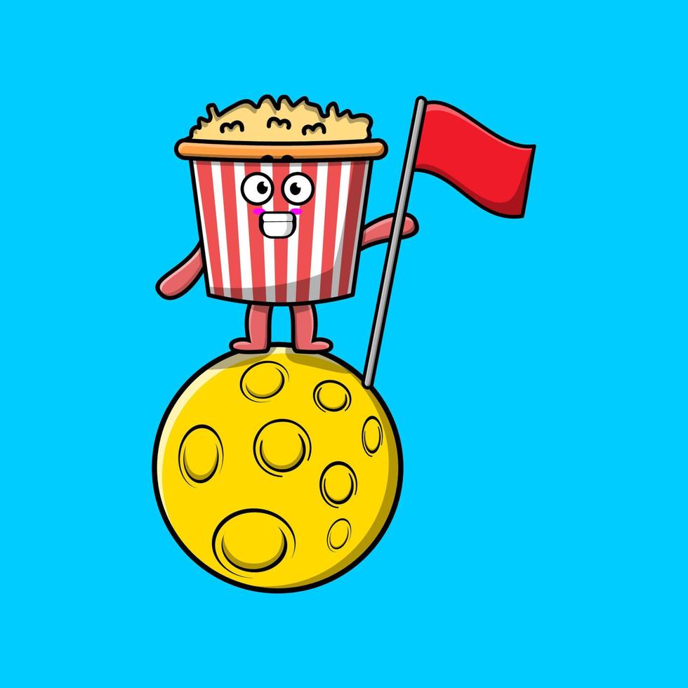 carino cartone animato Popcorn in piedi su Luna con bandiera vettore