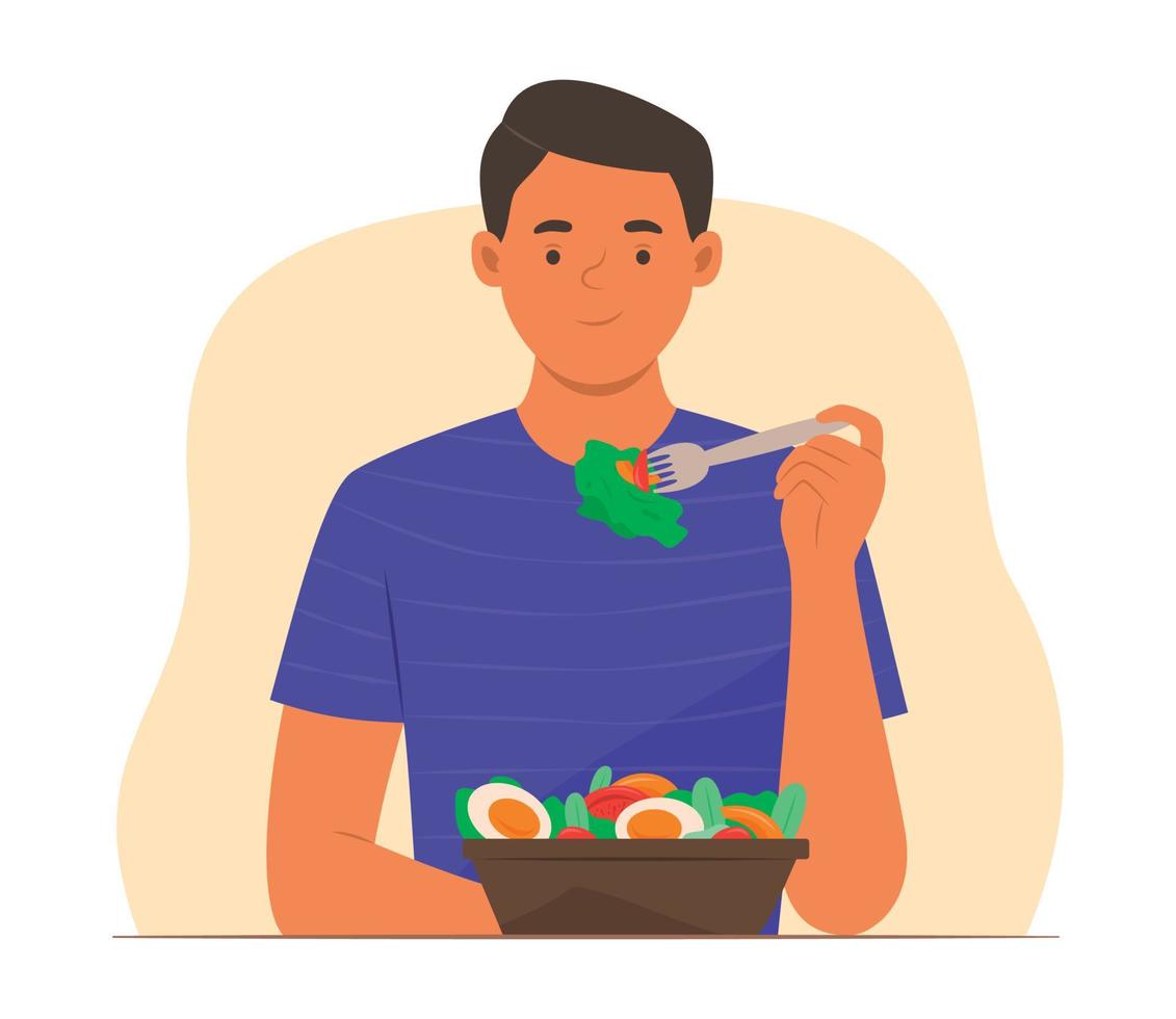vegetariano uomo godere mangiare insalata vettore