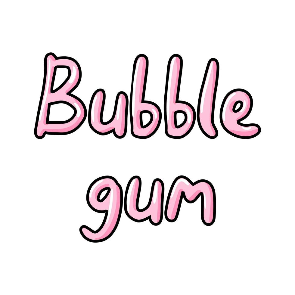 illustrazione del testo vettoriale di gomma da masticare. divertenti scritte rosa gomma da masticare su bianco, lettere rosa, scritte divertenti