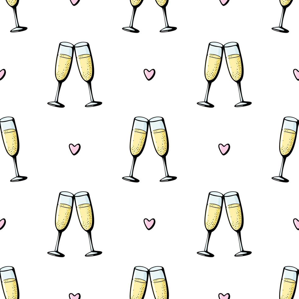 bicchieri di champagne seamless doodle pattern. ciao illustrazione vettoriale su sfondo bianco. biglietto di auguri di San Valentino, poster per la celebrazione dell'anniversario