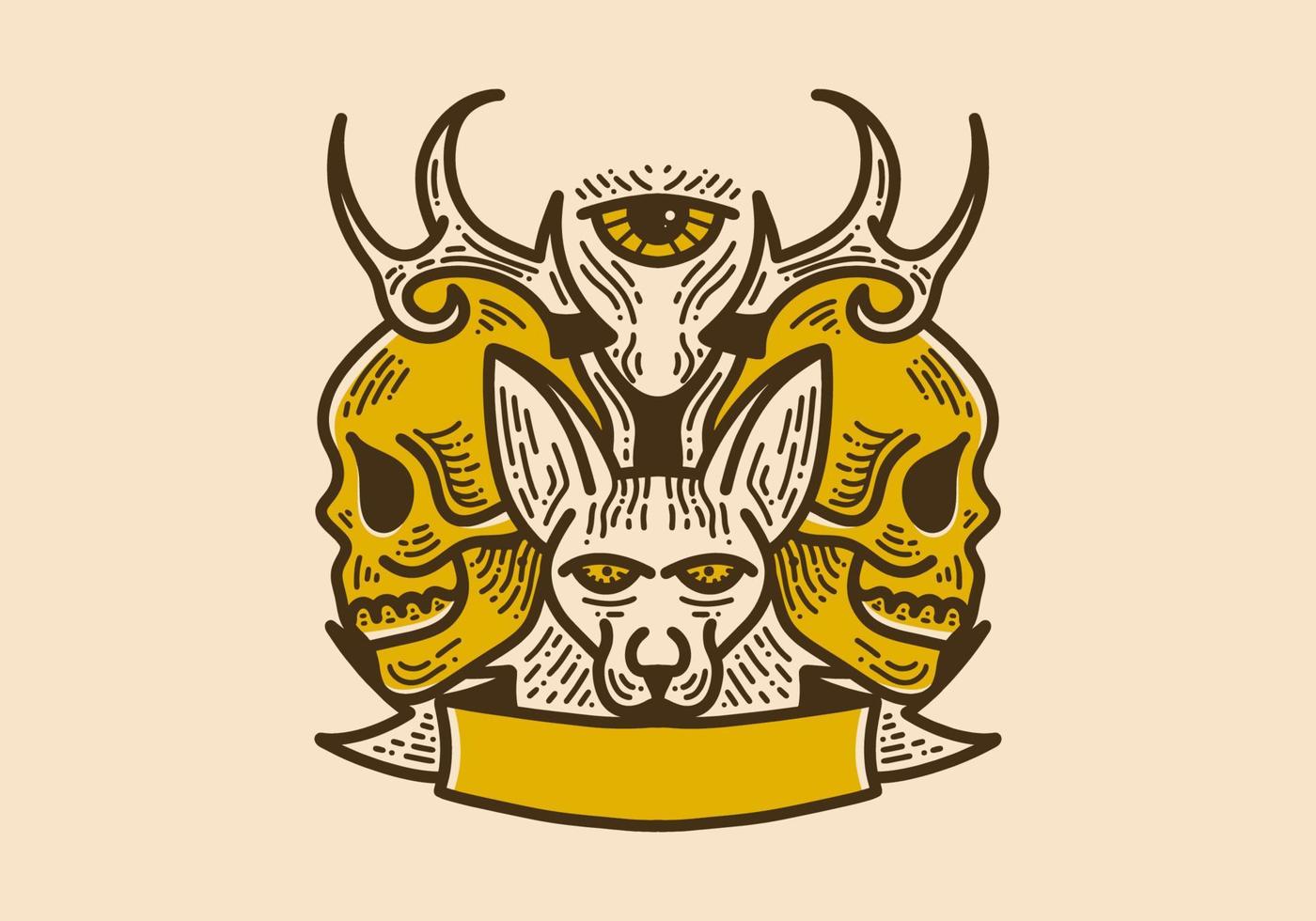 Marrone giallo colore di un' gatto con cervo corna e Due teschi accanto esso vettore
