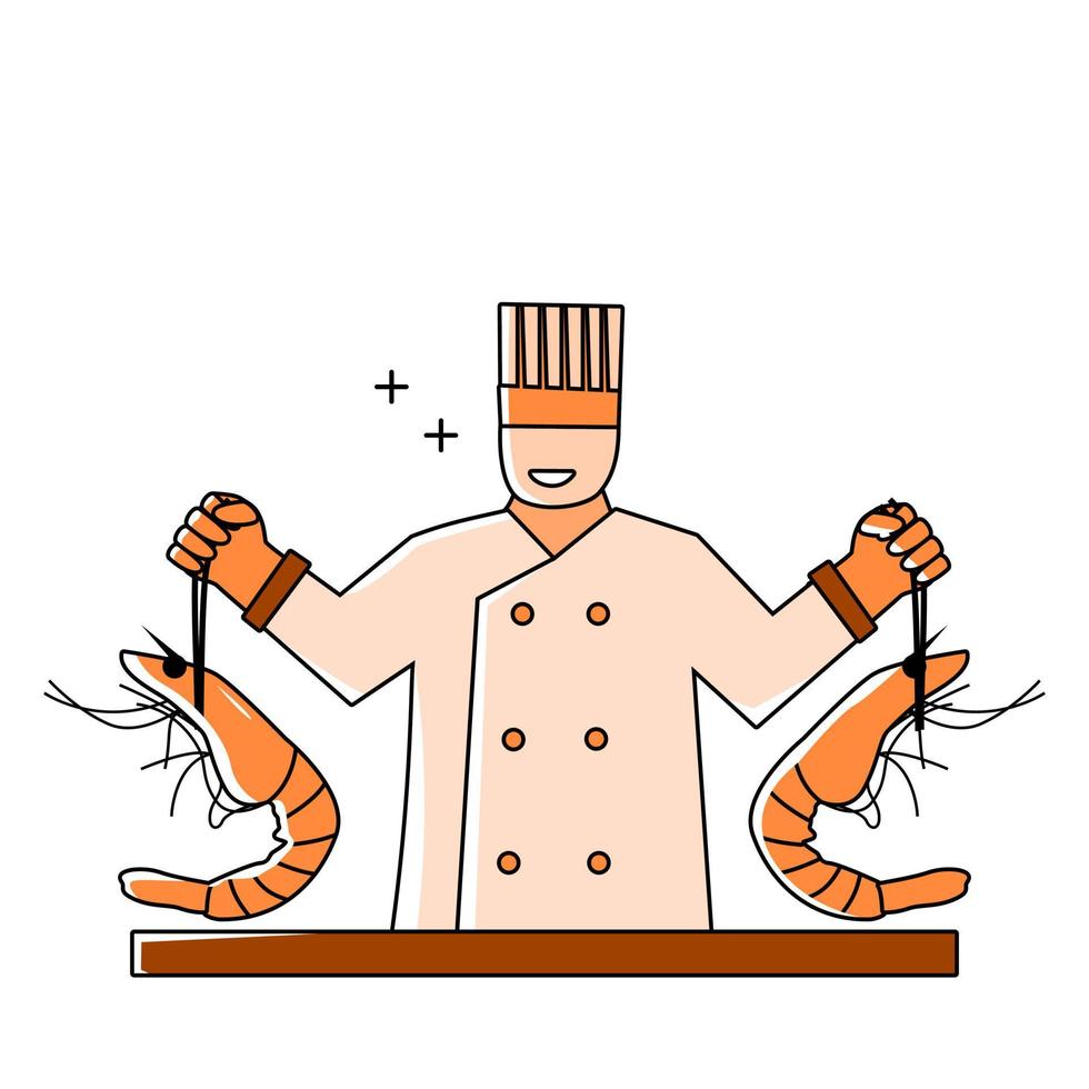 illustrazione di un' capocuoco cucinando frutti di mare utilizzando un' piatto design schema stile vettore
