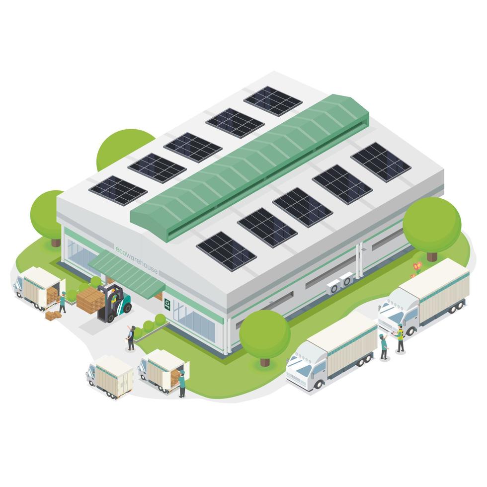 solare cellula sistema per energia eco magazzino e fabbrica isometrico superiore Visualizza verde attività commerciale pulito energia vettore