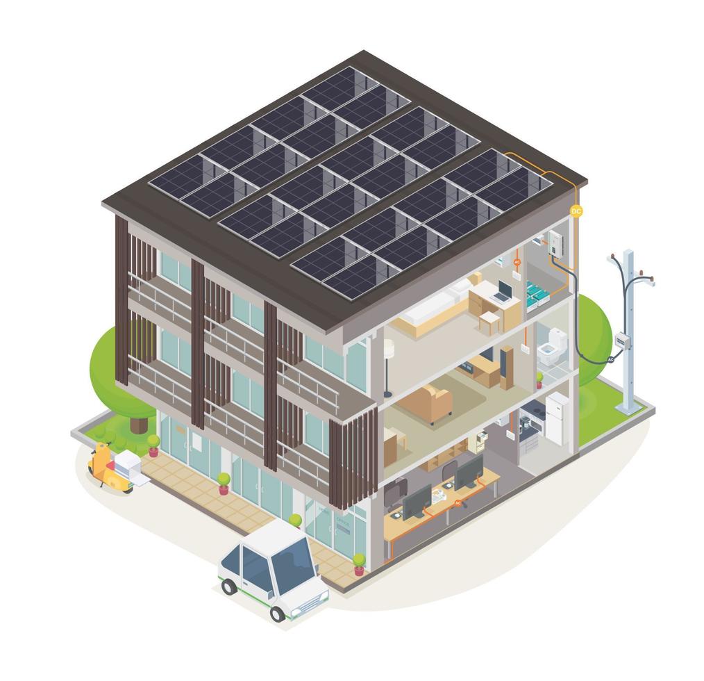 solare cellula energia commerciale edificio e cittadina casa isometrico vettore